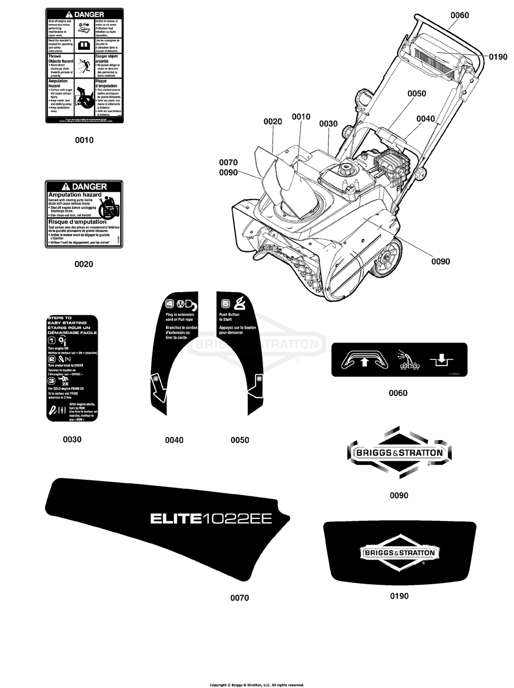 Decals Group Diagram and Parts List for 1697294-00 (1022EE)(2020) Briggs and Stratton Snow Blower